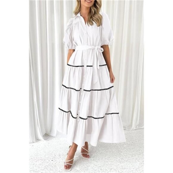 Women's Button Down Shirt Dress Short Puffy Sleeve Tiered Ruffle Flowy Long Maxi - Picture 4 of 6
